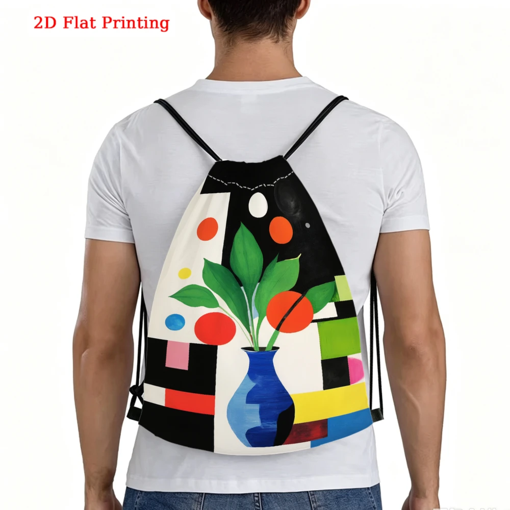 Abstract Geometric Art, Drawstring Backpack, 2D Flat Printing Vase Pattern, Gym Sports Bag, Outdoor Travel Cinch Sack