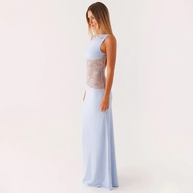 2025 New European and American Summer Sexy Slim Fit Long Dress with Lace Satin Patchwork Backless Long Dress, Slimming Dress