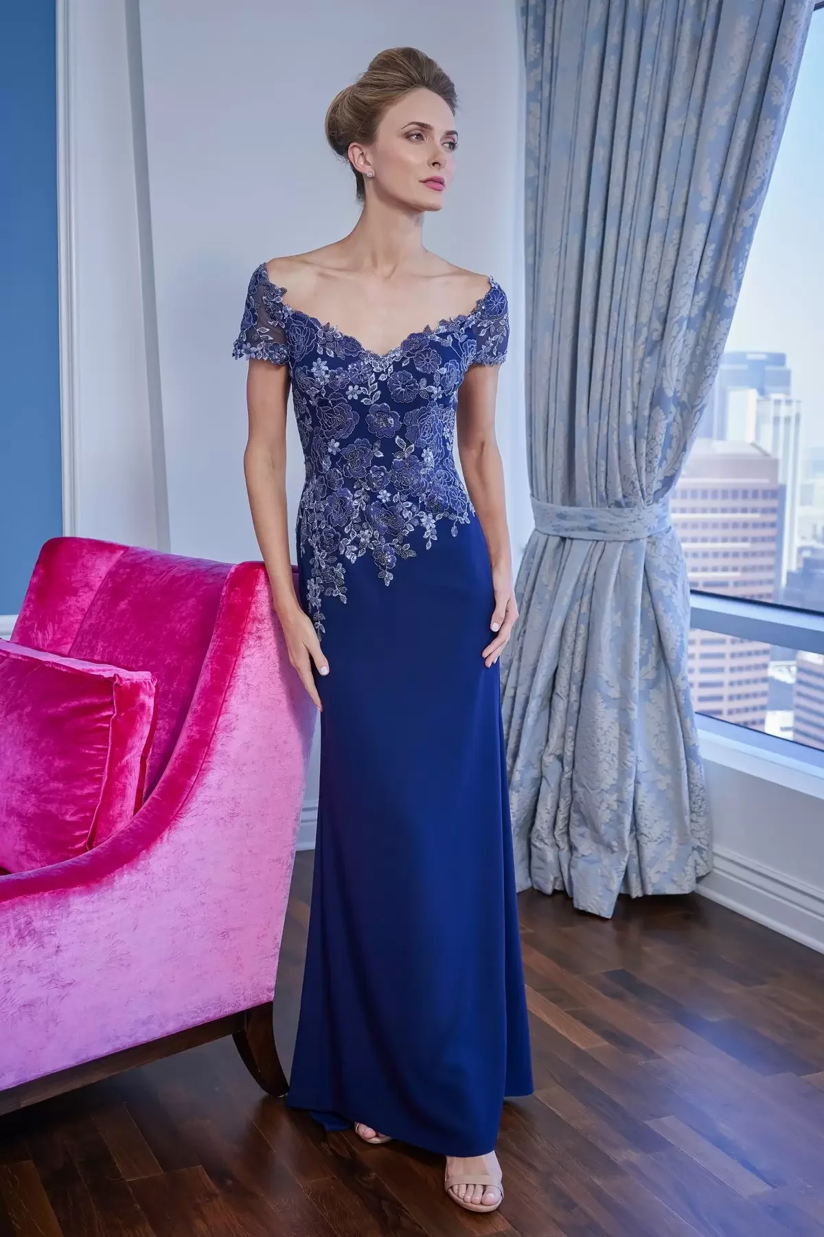 Elegant Great Blue Mother Of Bride Dresses Appliques Satin Off Shoulder Evening Dress Floor  Length Chic Mothers Formal Gowns