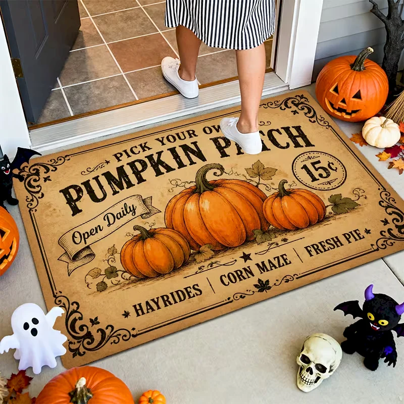 VIKAMA Fall Pumpkin Welcome Doormat Autumn Maple Leaf Non‑Slip Entrance Rug Outdoor Indoor Porch Kitchen Carpet Mat