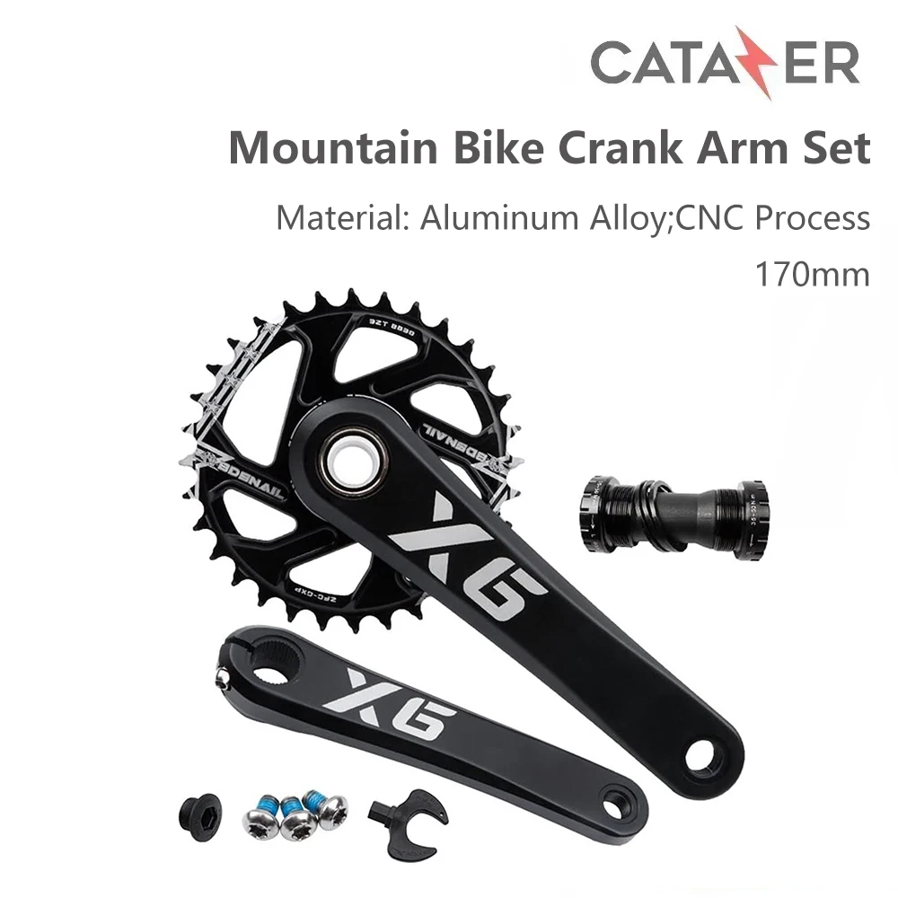 CATAZER Crankset Mountain Bike Crank Arm Set Bike Part Single Speed 170mm Crankset with Bottom Bracket 32T/34T/36T/38T Chainring