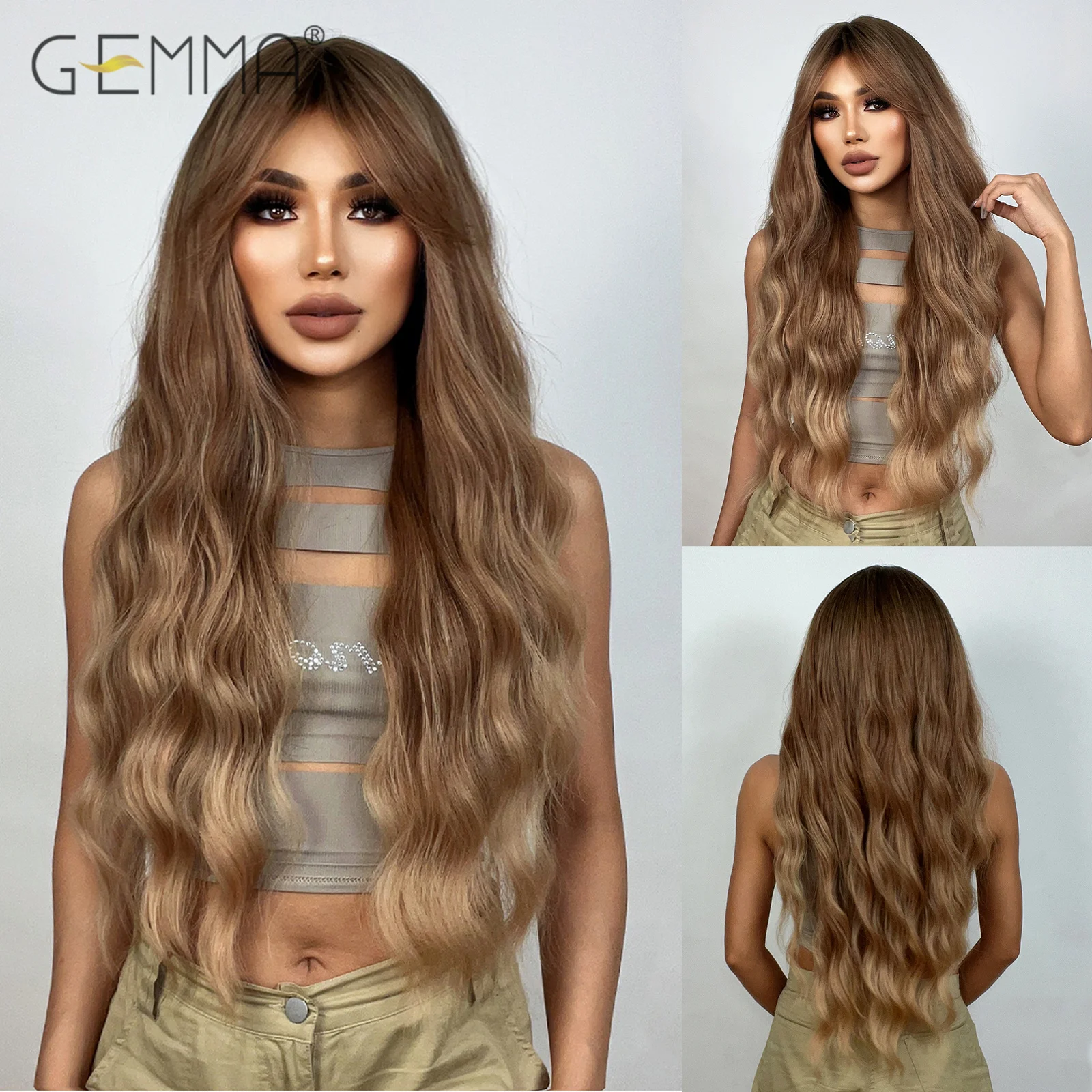 Ombre Light Brown Long Curly Synthetic Wigs with Bangs Cosplay Wave Natural Hair Wig for Women Daily Use High Temperature Fibre