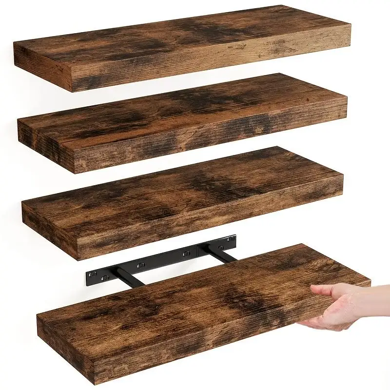 4Pcs Floating Shelves Wall Mounted Storage Rack Rustic Wooden Wall Shelves Display Shelving Organizer for Bathroom Over Toilet Kitchen Bedroom Living Room Decor Space Saving Home Organization