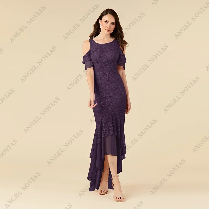 

High Low Purple Lace Mother of the Bride Dresses 2025 with Sleeves Wedding Party Dress vestidos de fiestas elegantes mujer