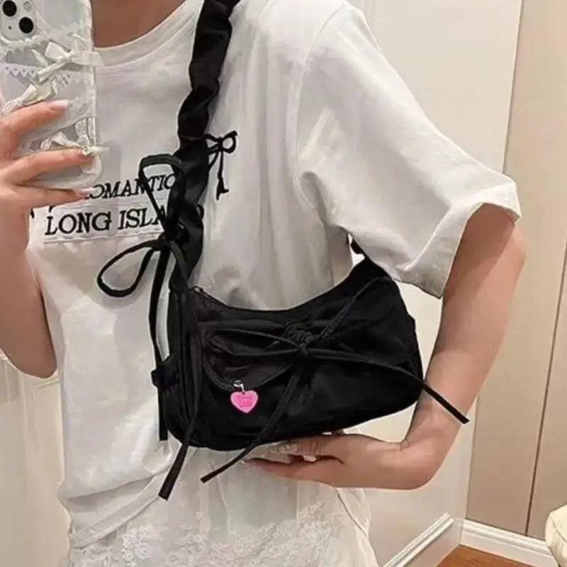 Bloom Sweet Cool Denim Shoulder Bags Women Haruku Bow Chic Cute Y2k Handbag Purse Ladies Casual Blue Underarm Bag Aesthetic