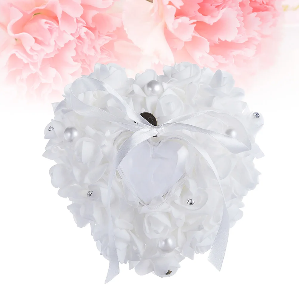 

Heart Shape Ring Box White Wedding Rose Flowers Valentine'S Day Gift Bridal Ceremony Decor Ring Cushion Reusable Elegant Pearls