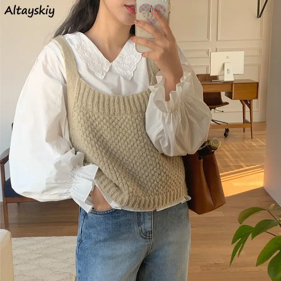 

Women Sweater Vest Sweet Solid Short Sleeveless Tricot Lace-up Designed Jumpers Elegant Spring Fall Retro All-match French Style