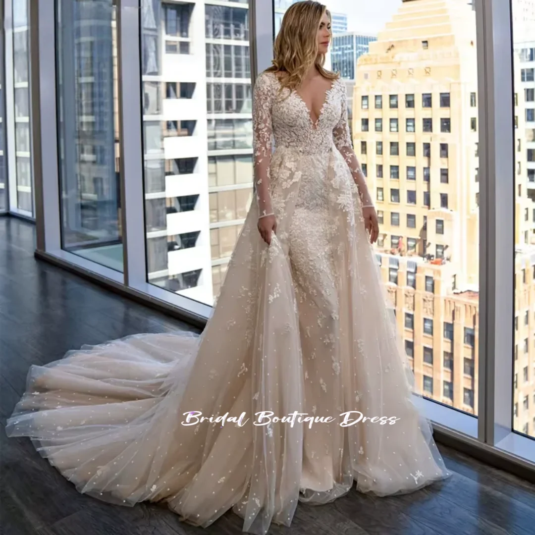 

Luxury Mermaid Wedding Dress Detachable Train Customized V Neck Full Sleeves Open Back Applique Glitter Arabic Bridal Gown