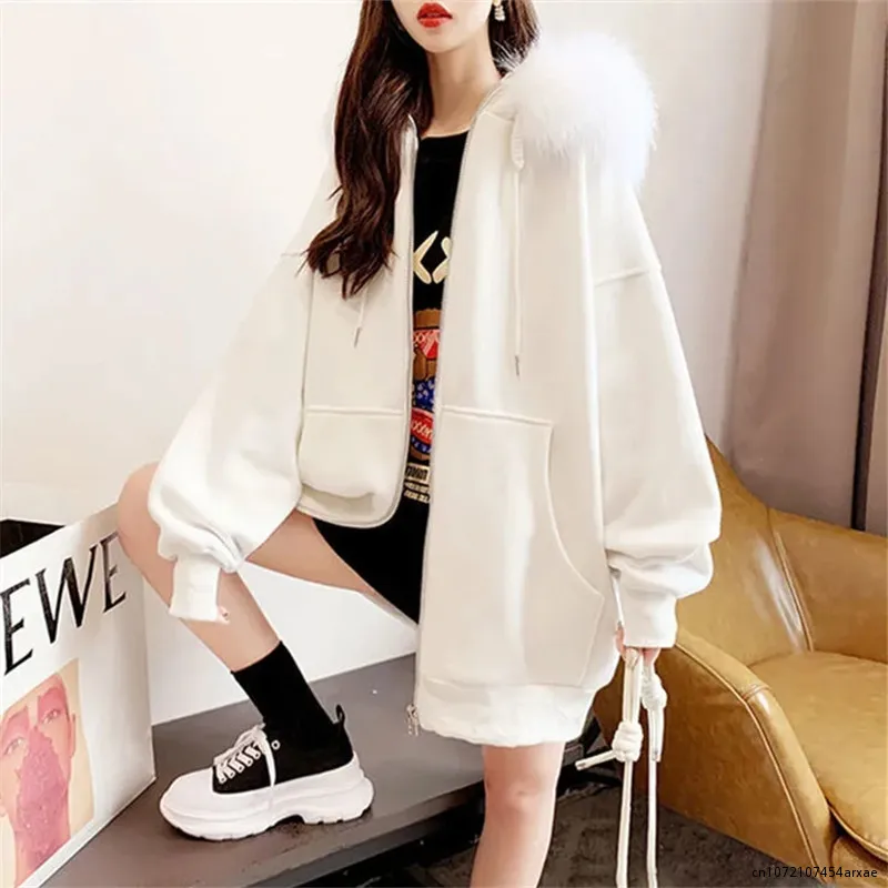 

Plush Hooded Fur Collar Sweatshirt Women Autumn and Winter New Solid Color Long-sleeved Zipper Loose Fashion Commuter Top Female