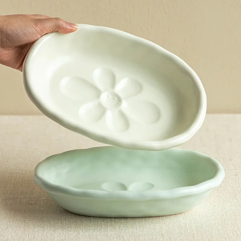 

Yingluo Series Printed Oval Dessert Plate Cream Color Ceramic Plate for Home Use