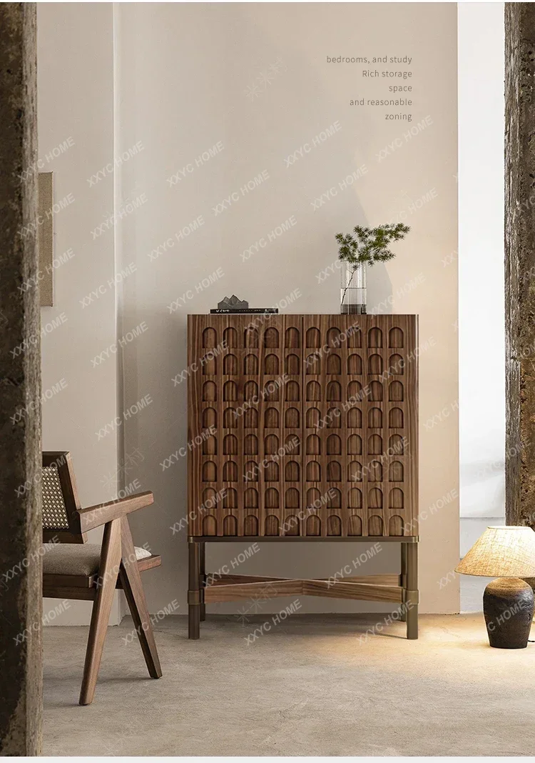 NN Retro art dining side cabinet high-grade walnut pure solid wood vertical cabinet light luxury high-end relief locker