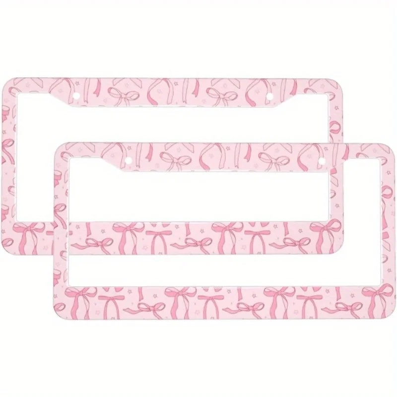 Set of 2 Universal Aluminum License Plate Frames with Flat Pink Bows, Car Additions for Women, Includes Screws