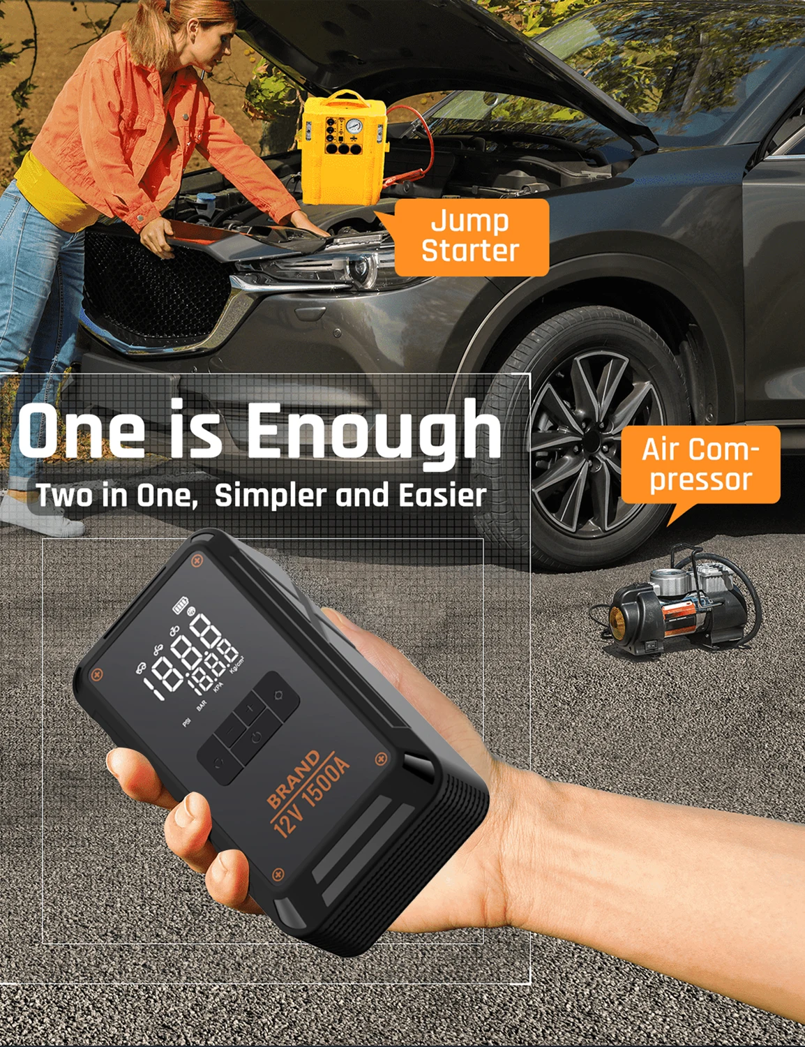OEM/ODM Portable 6 in 1 12V 1500A Jump Starter Car Battery Booster Power Bank Charger  Digital Screen Tire Inflator with Light