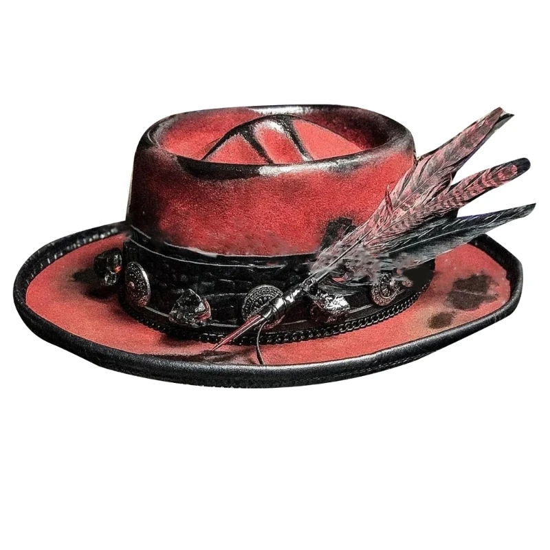 Gothic Woman Men Cowboy Hat with Decor for Halloween Elegant Lady Felt Skull Pattern Hat Windproof for Adult