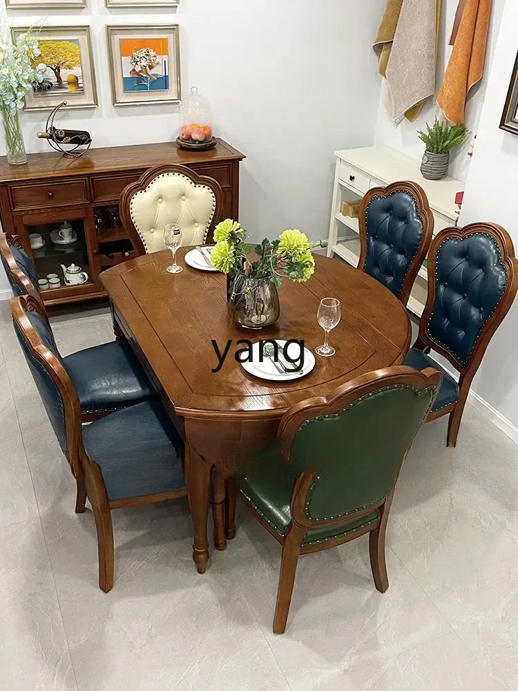 LMMM American Country All Solid Wood Dining Table and Chair Combination Telescopic Retro Small Apartment Simple Folding