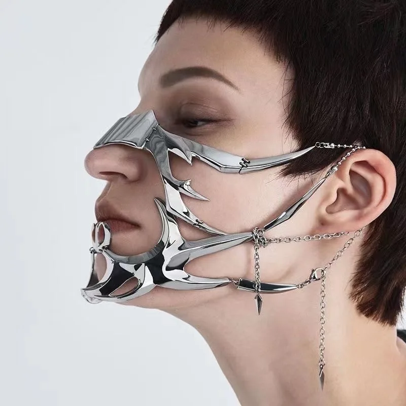 Cool Metal Texture Half Cover Steampunk Cyberpunk Lip Face Ear Mask Set Adjustable Unisex Design Party Dress Up Outfit