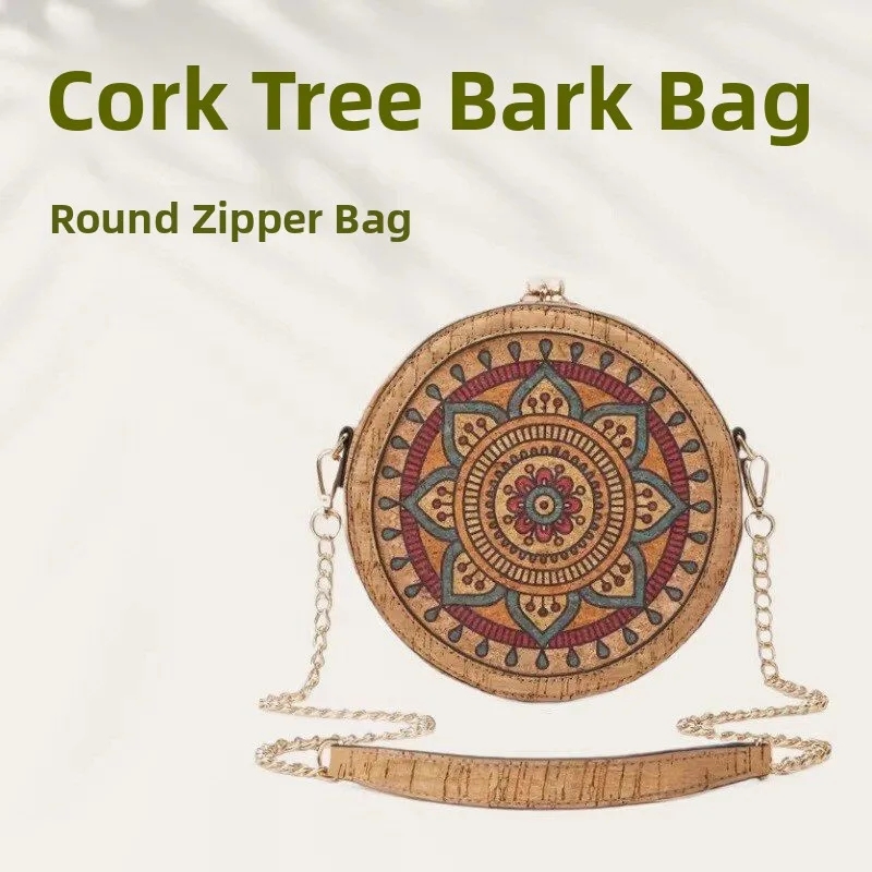Retro Cork Tree Bark Women's Shoulder Bag Oval Chain Eco-friendly National Trend Small Bag Wooden Interior Soft Leather Bag