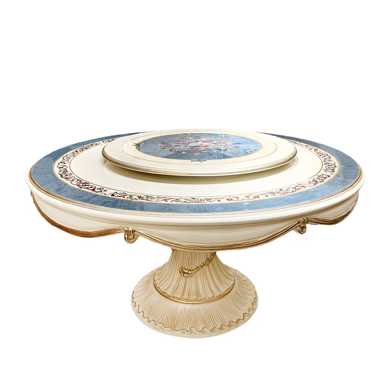 

French design classical classic hand-carved dining table solid wood base rotating luxury round dining table with 4 chairs