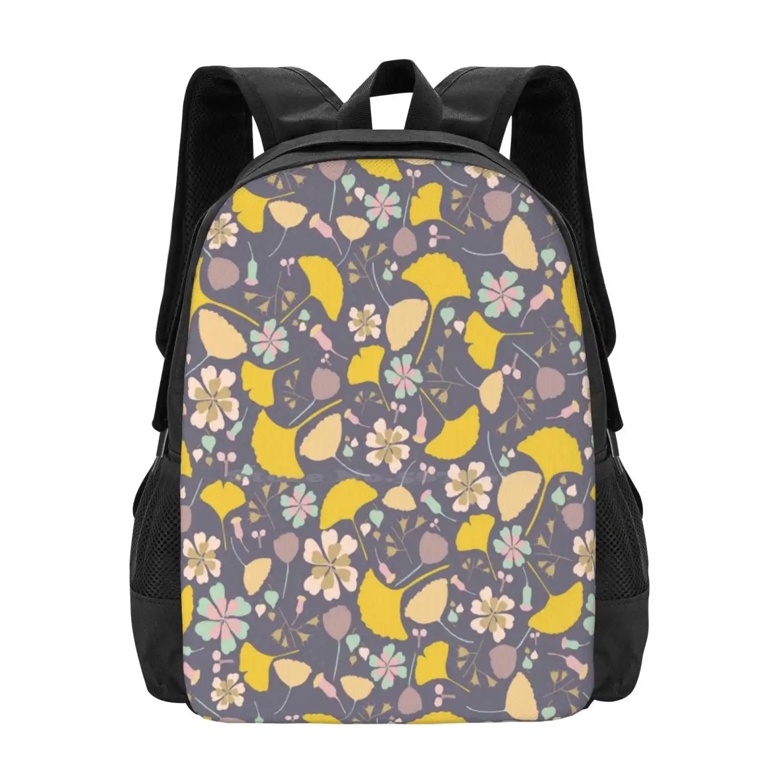 Gingko Love Pattern Design Bagpack School Bags Gingko Floral Pattern Leafs Fall Flower Delicate Bright Fun Modern Navy Yellow