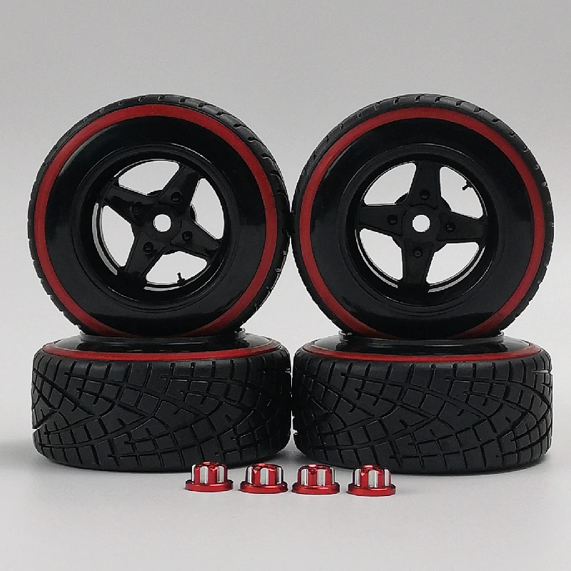 4pcs 9mm Offset 1/10 Scale Plastic Wheels Rims with Hard Plastic Tire with Red Insert RC Car Drift On road Touring Model Hobby