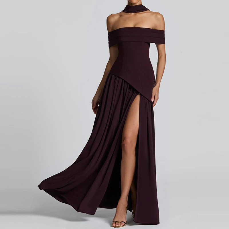 Abito da sera con lacci da donna con scollo a barchetta Abito lungo con spacco pieghettato impiombato solido primaverile Abito lungo Boho vuoto estivo senza schienale 2025