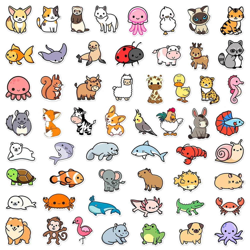 Cute Jungle Zoo Adesivos para Crianças, Animais Selvagens Adesivos, Parede, Notebook, Garrafa de água, Computador portátil, Decalques dos desenhos animados Kawaii, 10 Pcs, 30 Pcs, 50 Pcs, 100Pcs