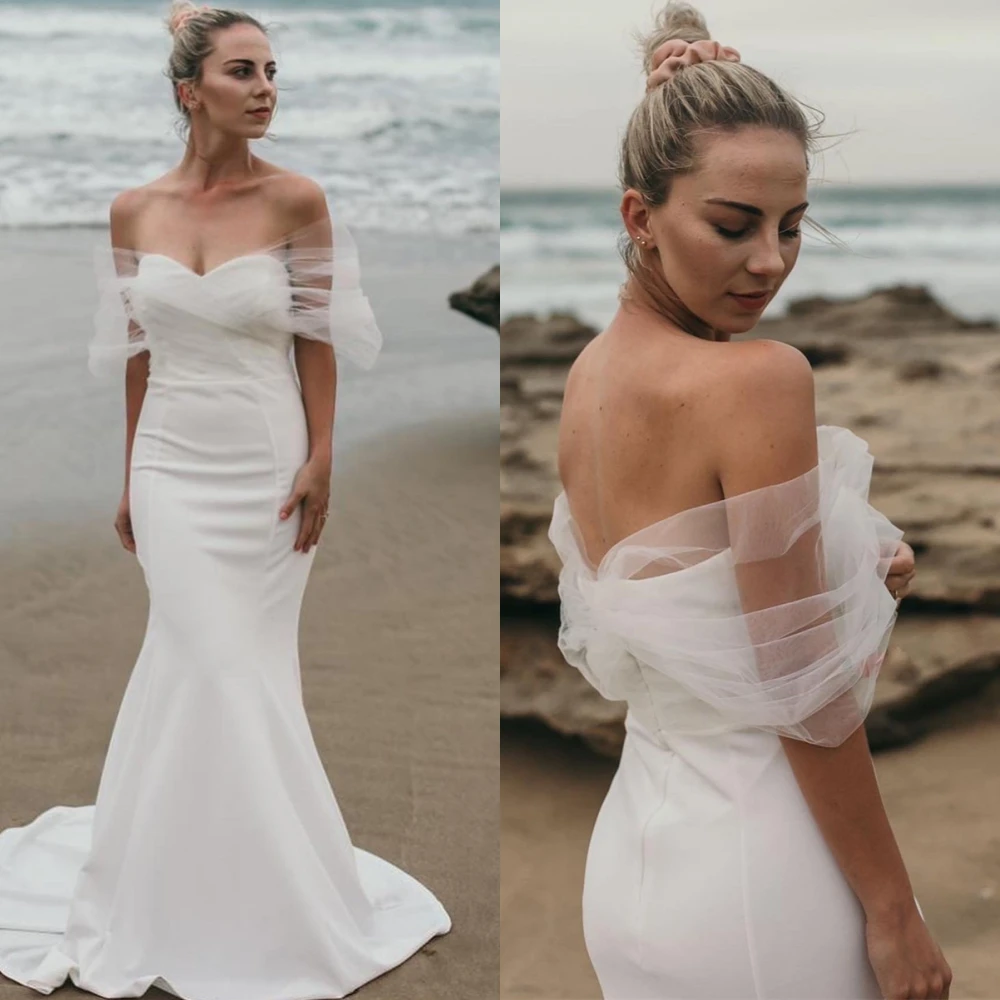 Personalizado branco jérsei vestidos de noiva temperamento sem alças fora do ombro vestido de casamento capela trem zíper voltar vestido sereia