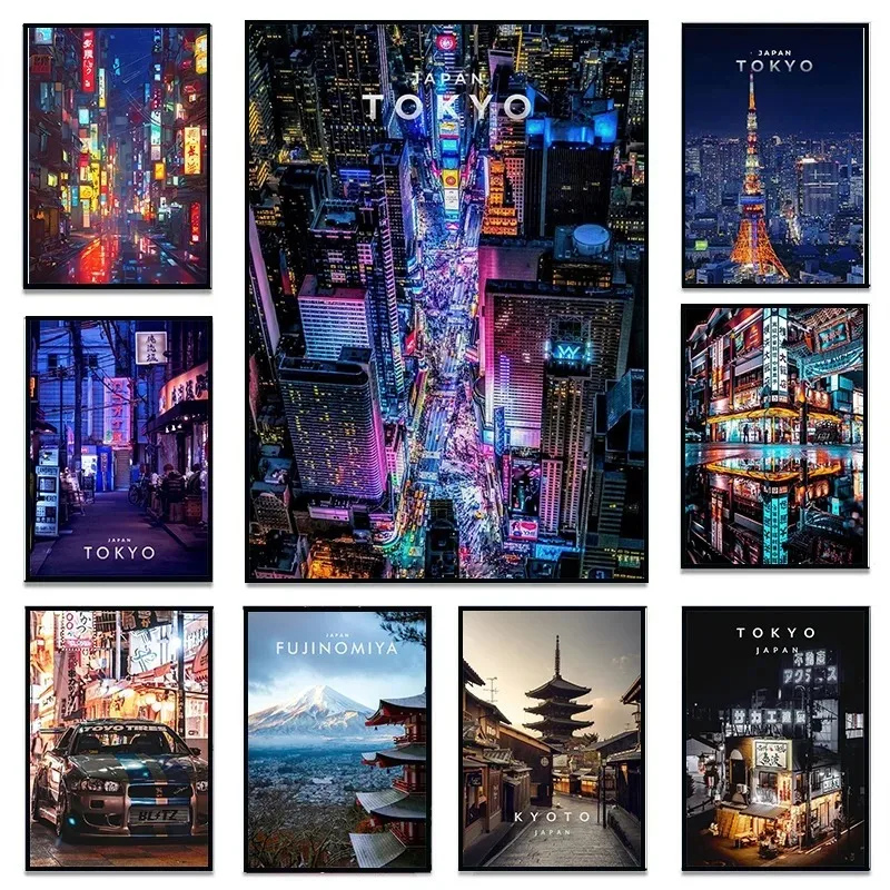 Japan Tokyo Cyberpunk Neon City Travel Fujiyama Posters and Prints Canvas Printing Wall Art Picture for Living Room Decor Gifts