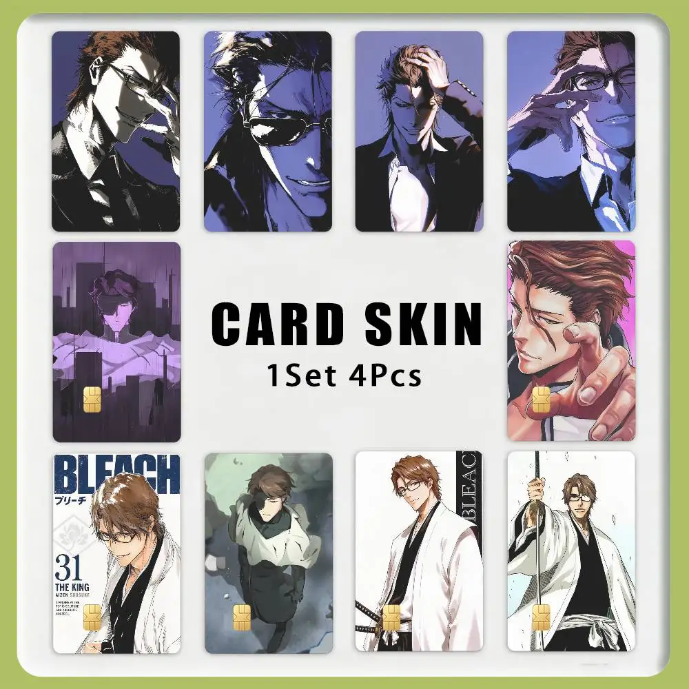 Cool Anime B-BLEACH A-Aizen S-Sousuke 1Set 4Pcs Card Skin Stickers, Waterproof Decorative Film for Credit Debit Bank Bus IC Card
