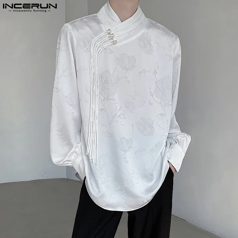 INCERUN 2024 Men Shirt Jacquard Stand Collar Long Sleeve Vintage Casual Men Clothing Streetwear Loose Korean Style Shirts S-5XL