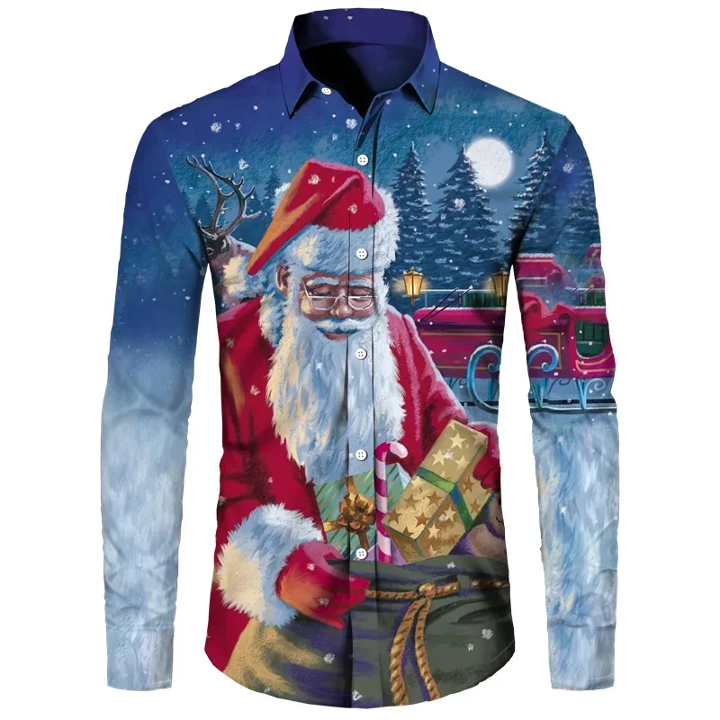 Hawajska koszulka świąteczna Santa Claus Tree dla mężczyzn Casual Vintage Tops 3d Printed Flower Long Sleeve Clothing Holidays Y2k