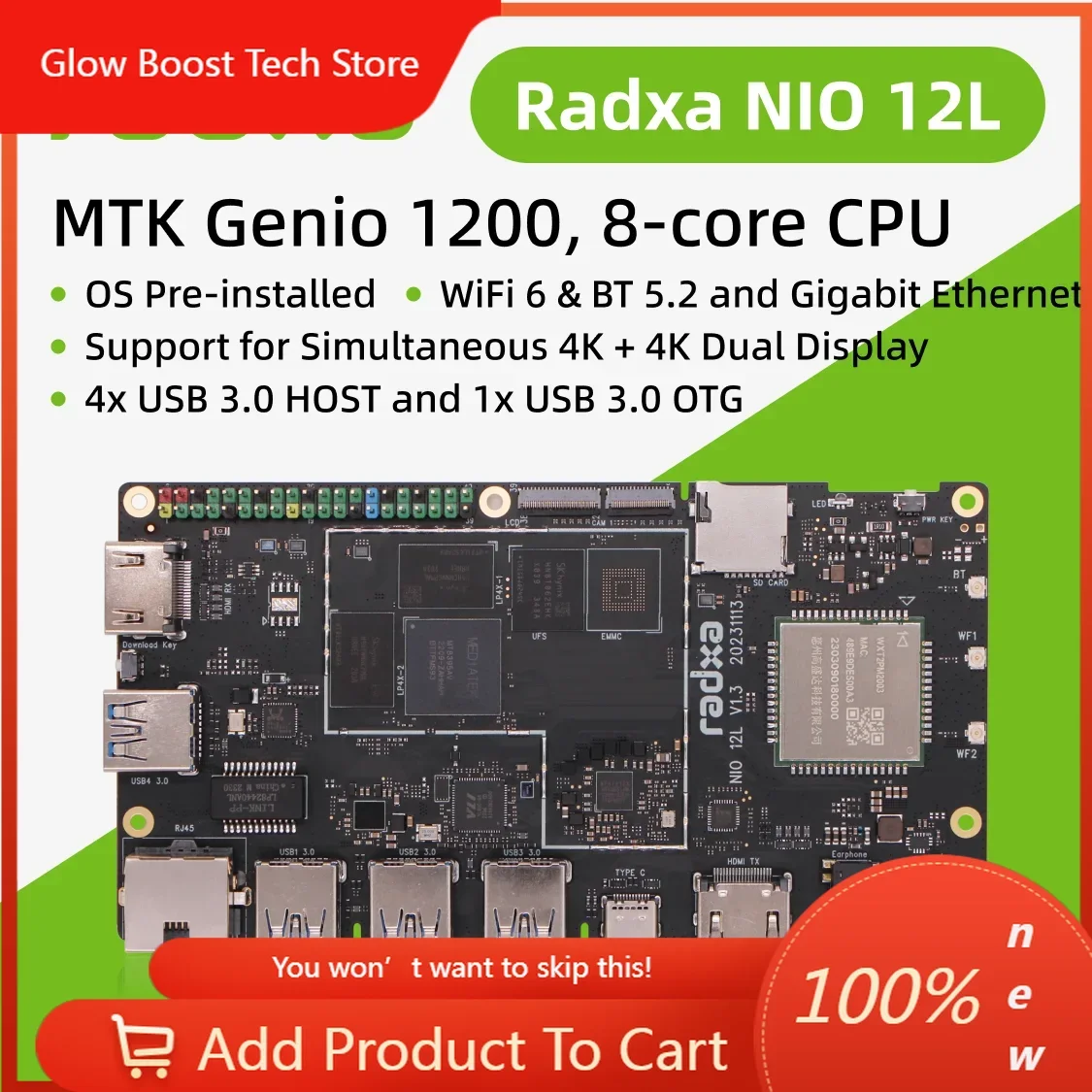 

NYRadxa Pi NIO 12L MTK Genio 1200 8-core CPU OS Pre-installed Single Board Computer Set New