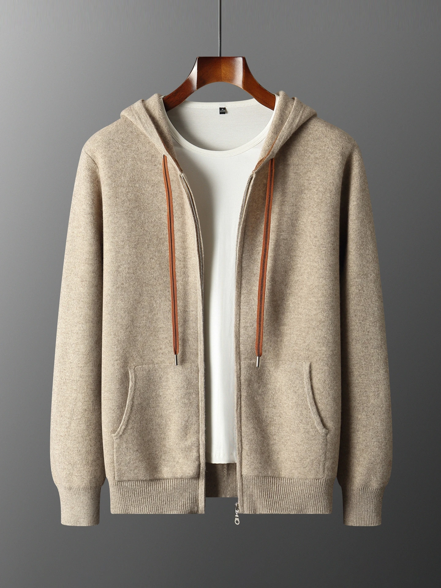 Men's Autumn Winter 100% Wool Hooded Zip Up Cardigan Sweater Old Money Style Thick Knitted Top Casual Pure Wool Knit Jacket