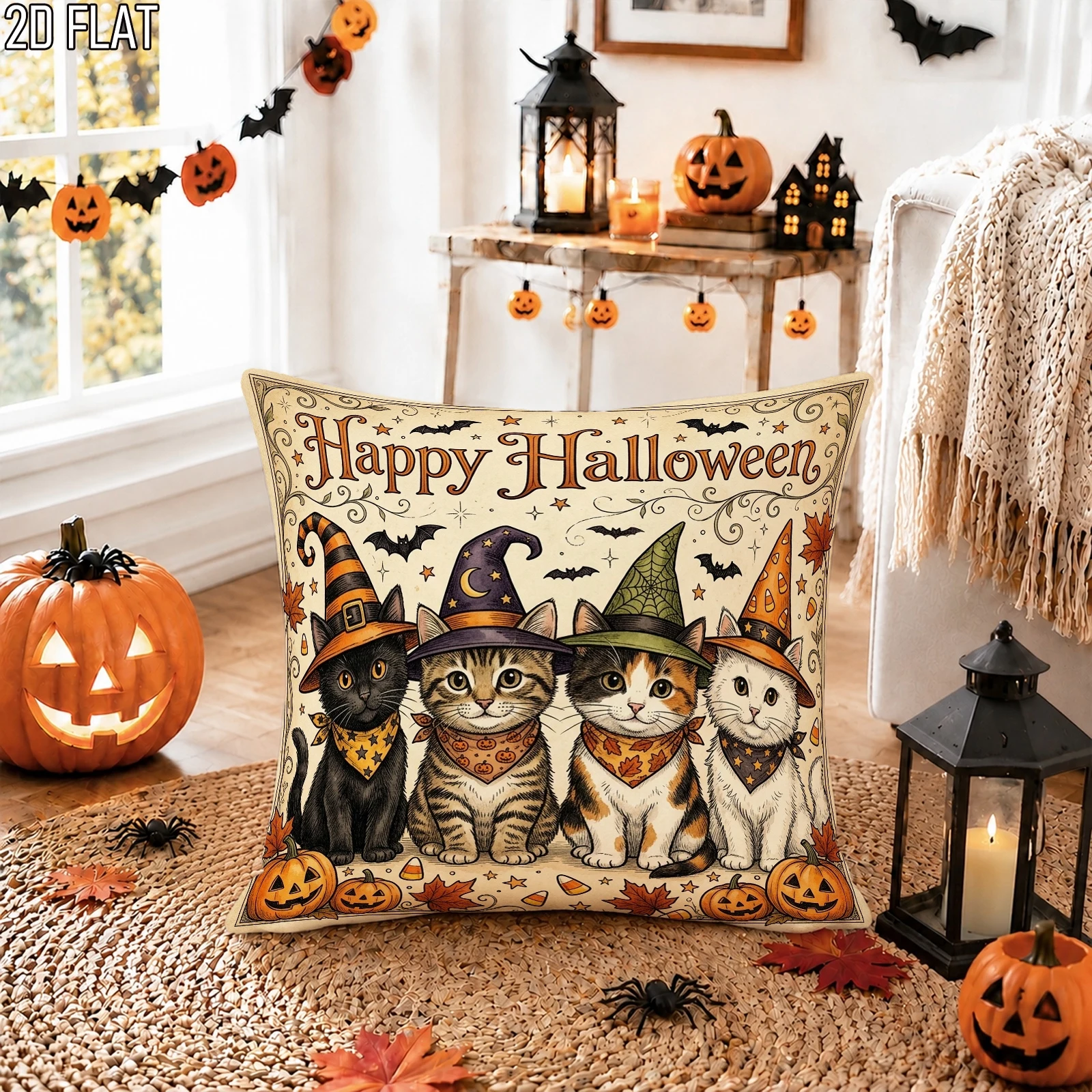 2D Flat 1pc Fanciful Cats Pillowcases Orange Throw Pillow Covers One Sided Printing Without Pillow Inserts Sofa Bed Decor for Bedroom Living Room, 2D Flat