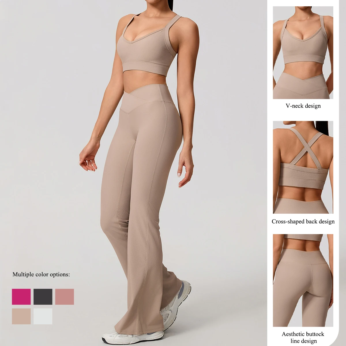 Hearuisavy Fitness Set 2Pcs High Intensity Back-Cross Anti-Shock Sports Bra Gym Women High Waist Butt Lift Wide Leg Flared Pants