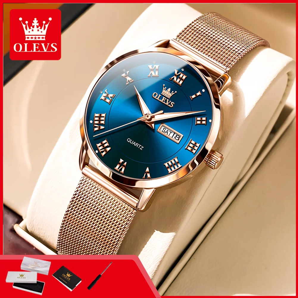 

OLEVS 2920 Simple Fashion Women's Watches Waterproof Mesh Steel Strap Dual Calendar Luminous Elegant Ladies Quartz Wristwatches