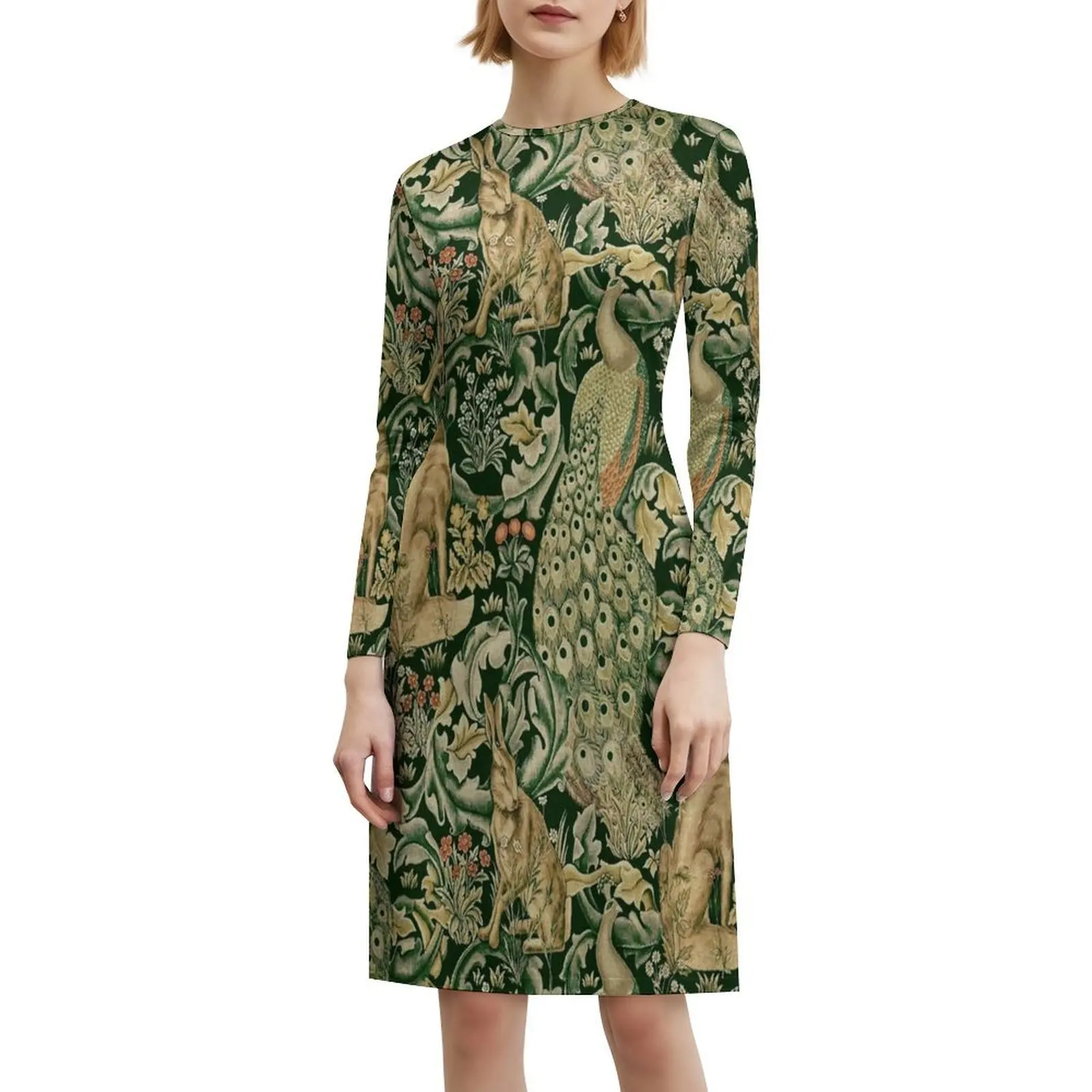 حيوانات الغابة الخضراء الطاووس الثعلب والأرنب باللون الأخضر فستان سموك للنساء لربيع وصيف فستان كاجوال للحفلات الحيوانية #6