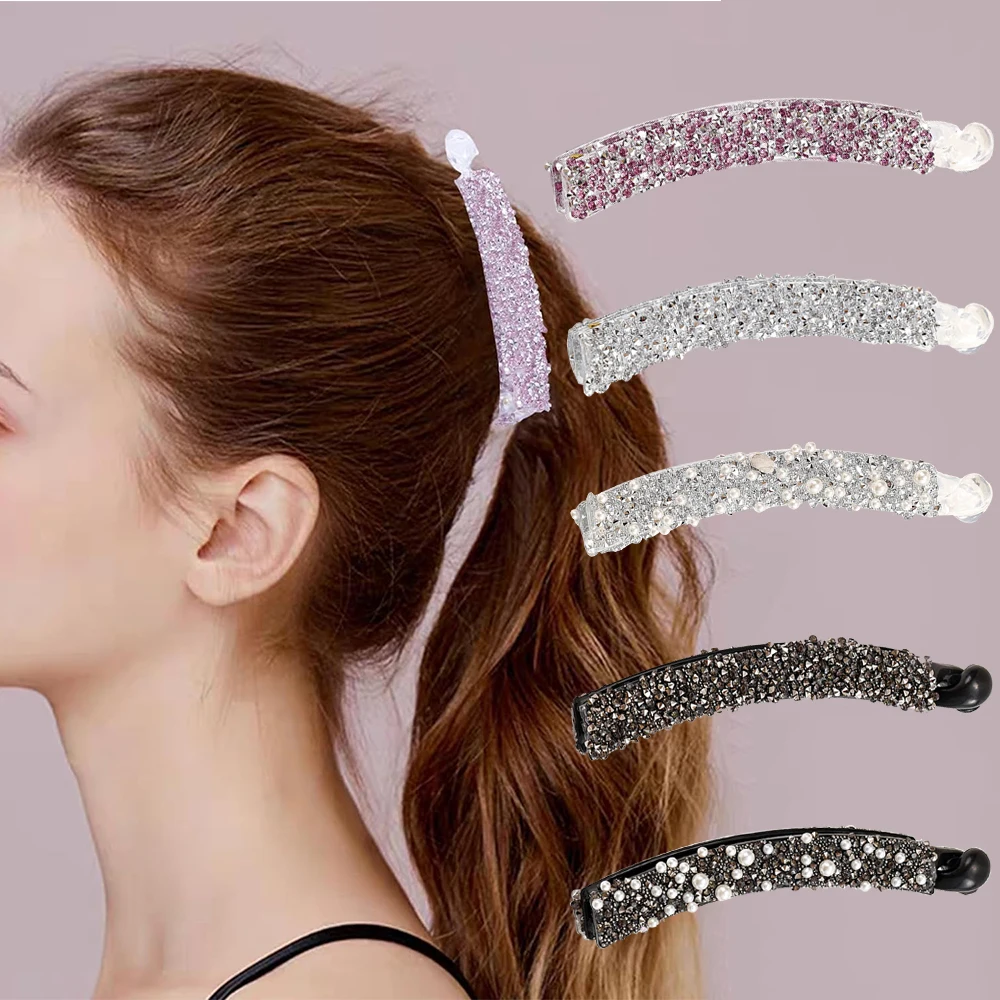 Elegant Rhinestone Banana Hairpin Fashion Imitation Pearl Crystal Hair Clips For Women Back Head Hair Accessories Headwear