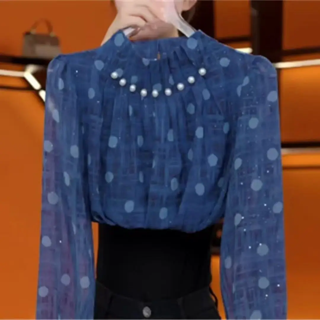 

French Stand-up Collar Shirt for Women in Autumn 2025 New Fashion Age-reducing Slimming and Heavy Industry Nailed Chiffon Top