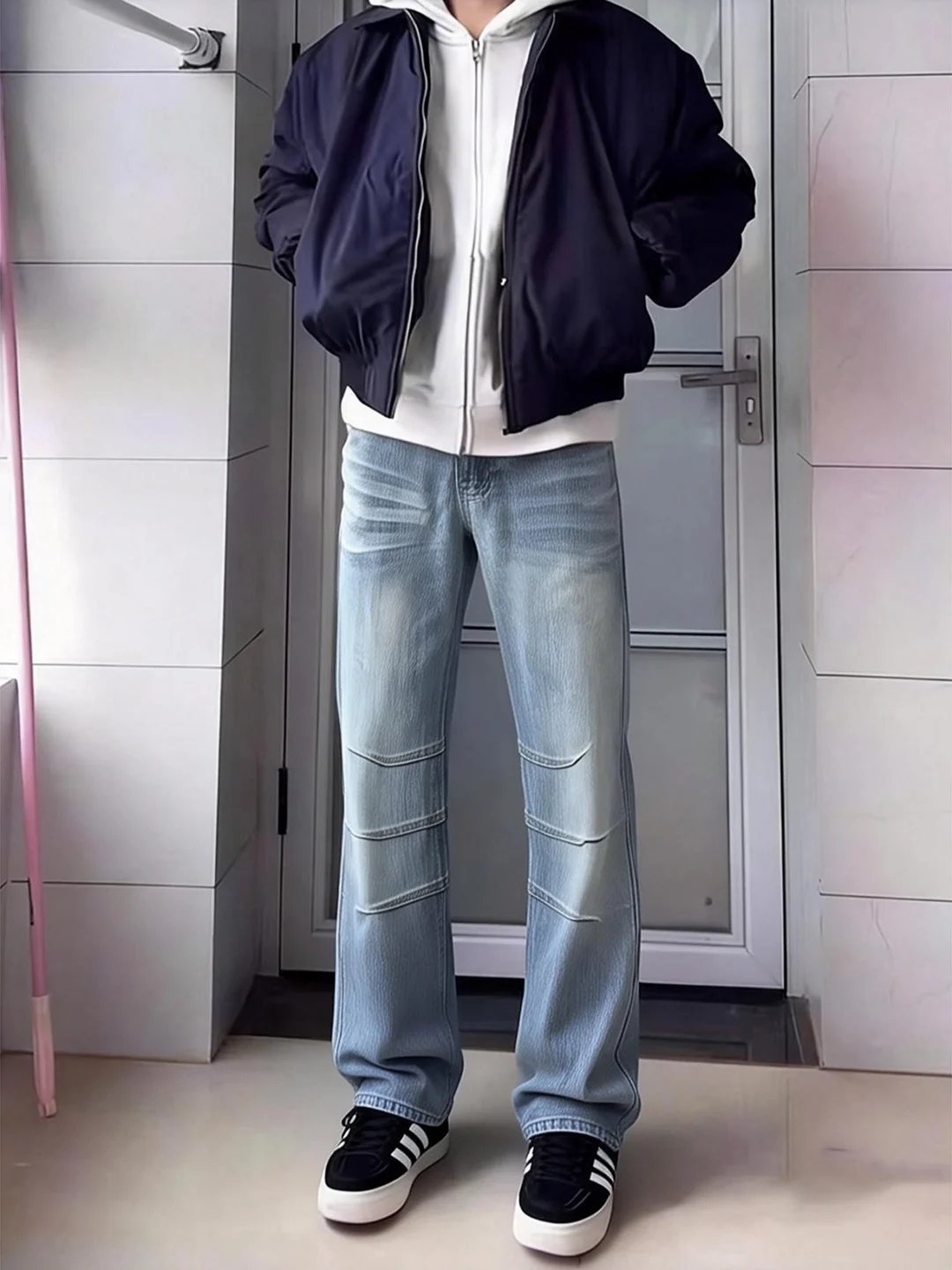 

Blue Bamboo Bud Pattern Men's Jeans Flared Straight Knife Folded Workwear Autumn Winter Slimming High Street Style