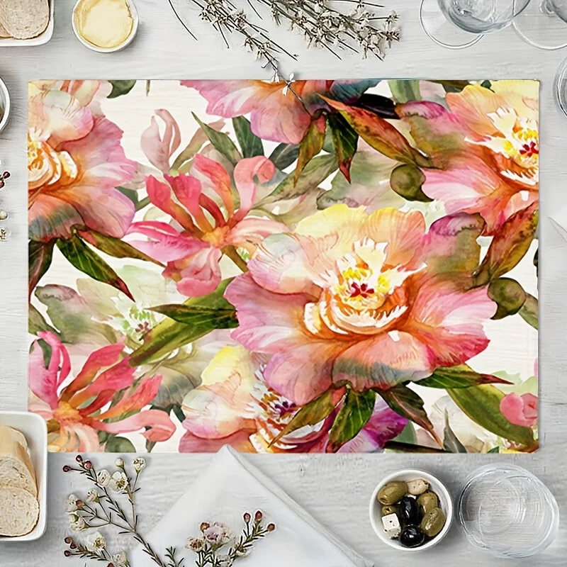 1pc pink Vintage Floral Placemats, Colorful Watercolor Of Pink Flowers Table Mat Linen