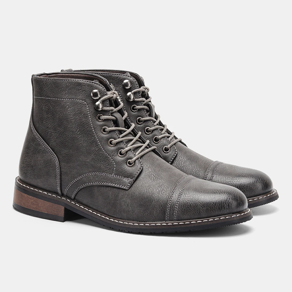 Herrenstiefel mit runder Zehenkappe, Schnürstiefel für Männer, schmale Außensohle mit niedrigem Blockabsatz, knöchelhohe Stiefel. – Detail 8