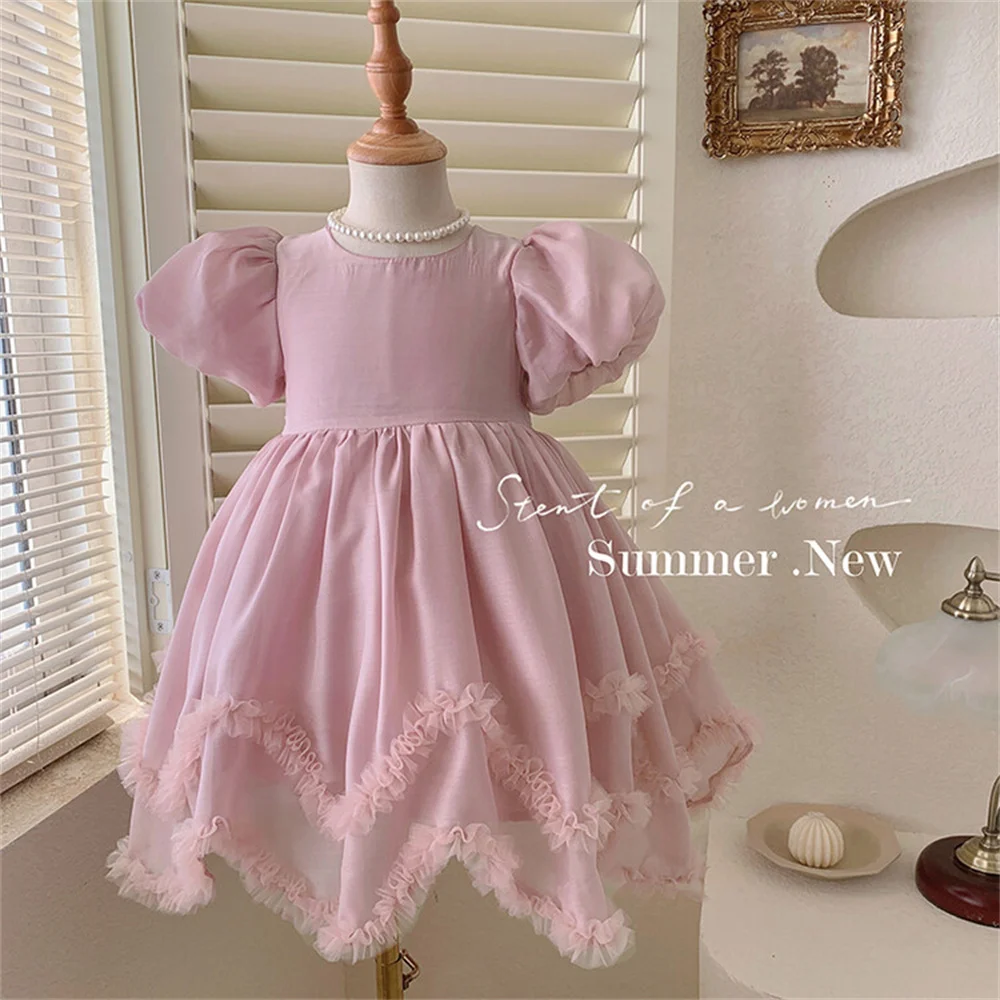 

2024 New Princess Dress Girl's Skirt Summer Short Sleeved Petal Sleeve Dress Children's Fluffy Skirt 867