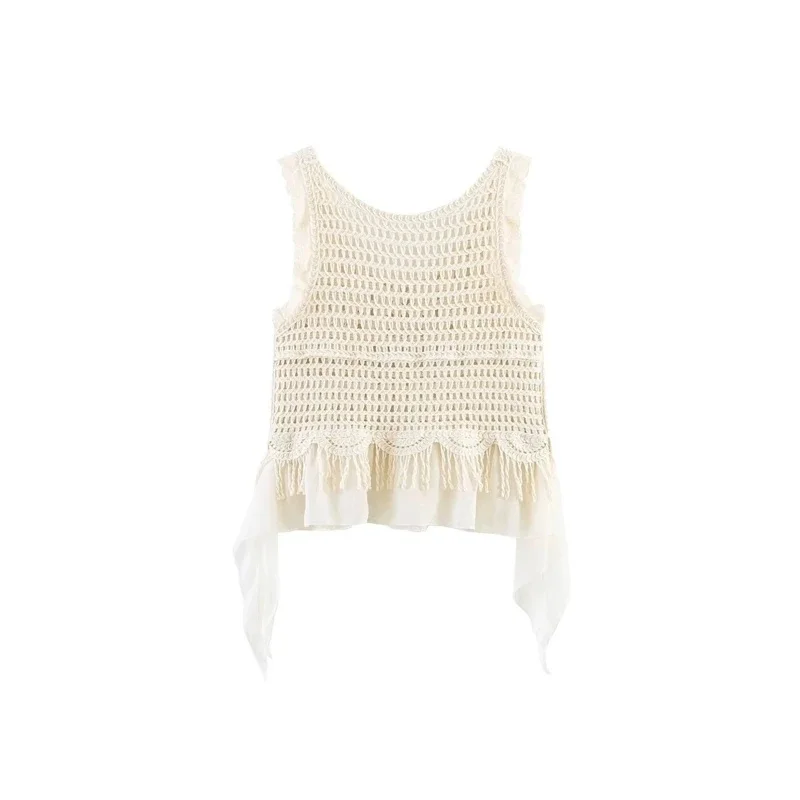 Summer Vacation Style Hollow Out Loose Tank Top Women's Knitted Layering Shirt Cotton Regular Fit Sun Protection Tops