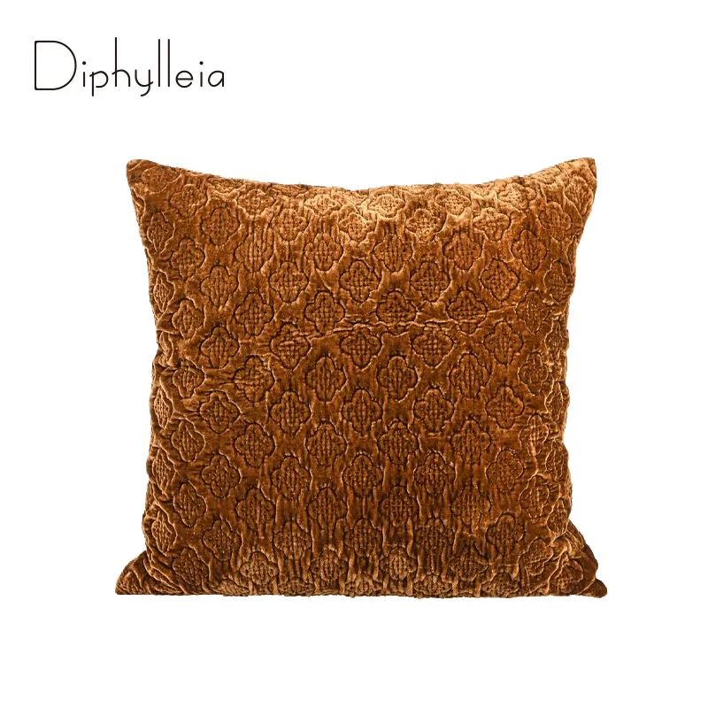 Diphylleia Sumptuous Velvet Cushion Cover Luxurious Burnt Orange Vintage Floral Embossed Pillow Case 50x50cm Designer Home Decor