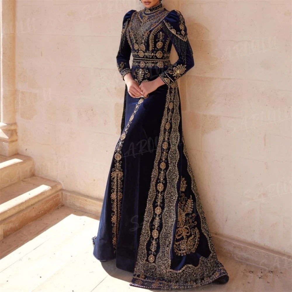 High Neck Arabic Sultan Evening Dress Long Sleeve Gold Appliques Princess Customized Gown Formal فساتين السهرة Vestidos De Gala