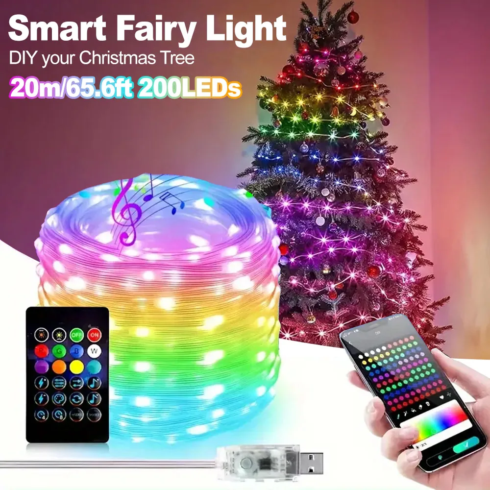 

20 м/65,6 футов Smart Fairy RGBIC гирлянда USB Рождественская гирлянда с управлением через приложение, IP65, музыкальный режим для декора рождественской елки
