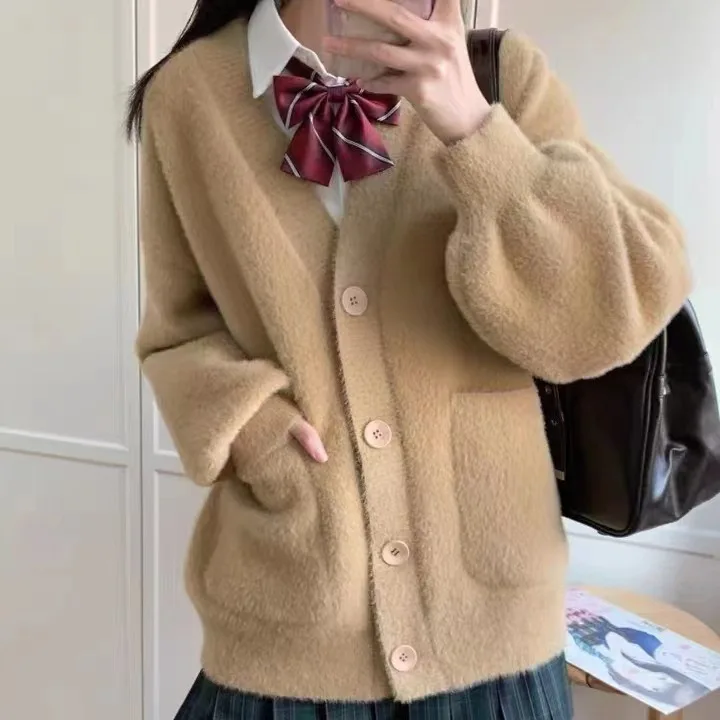 

New Anti-mink Velvet Furry Knit Cardigan Autumn Winter Japanese JK Sweater Coat Jacket Women's Dress