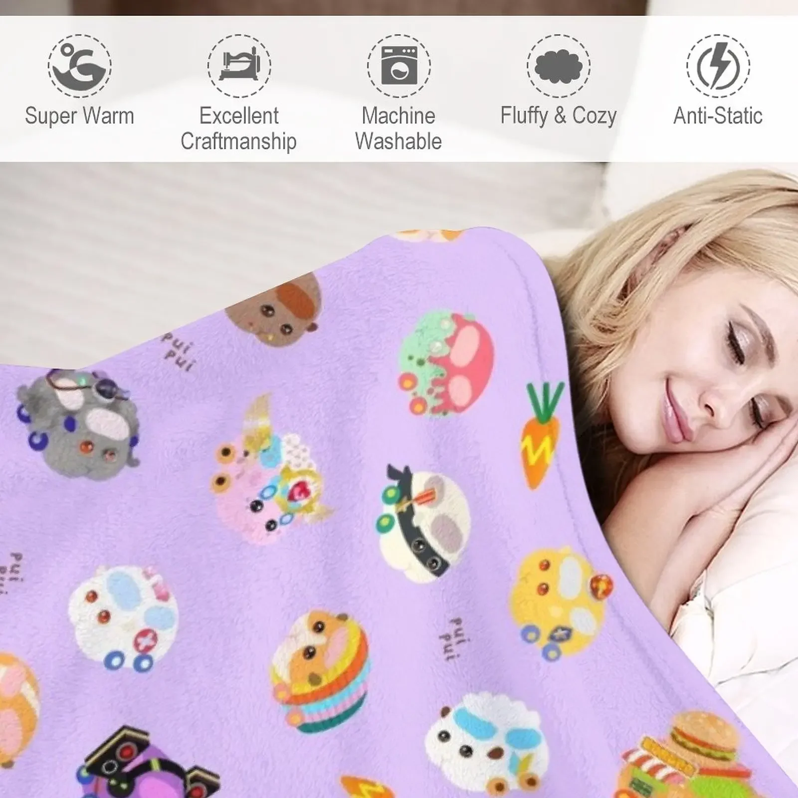 Pui Pui Molcar Assorted Characters Toss Design - Purple Throw Blanket Comforter Blanket Thermal Blanket