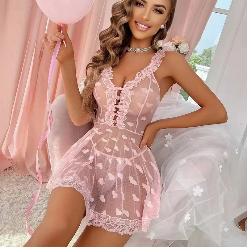 Sexy Lingerie for Woman Transparent Wave Point Porno Sexual Clothing Babydoll Lace Teddy Dress Erotic Underwear Sleepwear